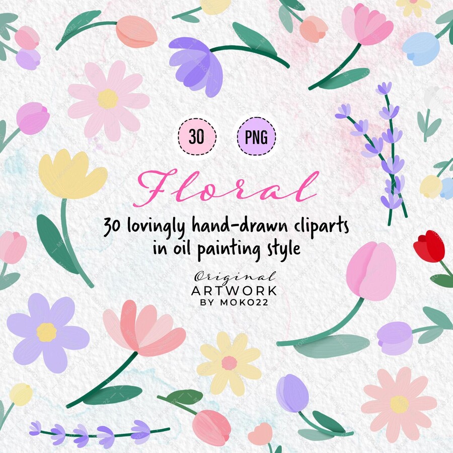 Spring Flower Clipart, Tulip Daisy Lavender PNG, Cute Oil Painting Clip Art, Aesthetic Hand Drawn Flowers, Kawaii Clipart, Digital Download