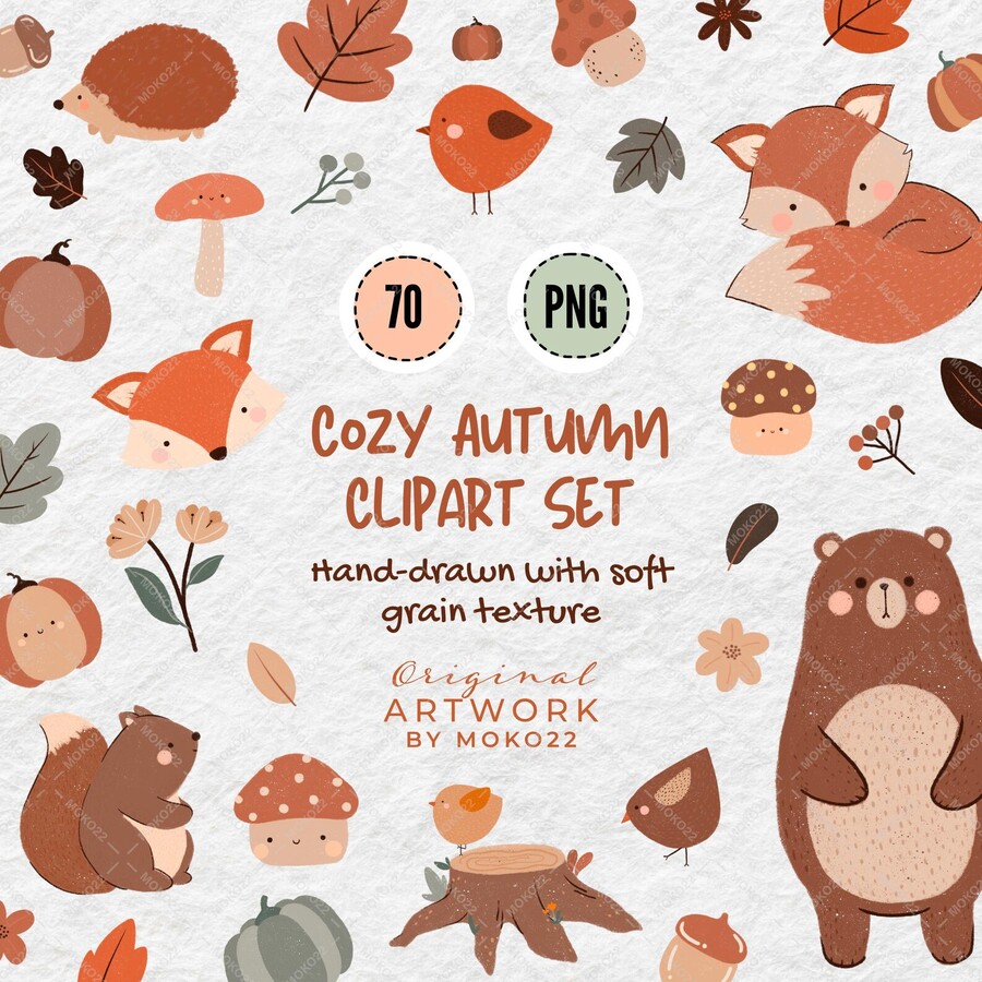 Cozy Autumn Clipart Set, Fall Woodland Animals PNG, Hand Drawn Pumpkin Acorn Leaf Mushroom, Autumn Leaves Digital Download, Planner Stickers