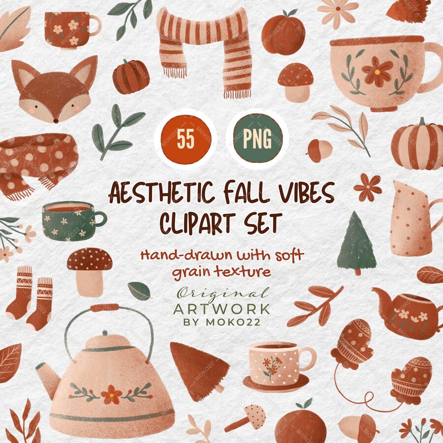 Cozy Autumn Clipart Set, Fall Tea Cup Scarf Leaves PNG, Hand Drawn Pumpkin Leaf Mushroom, Autumn Digital Download, Aesthetic Autumn Stickers
