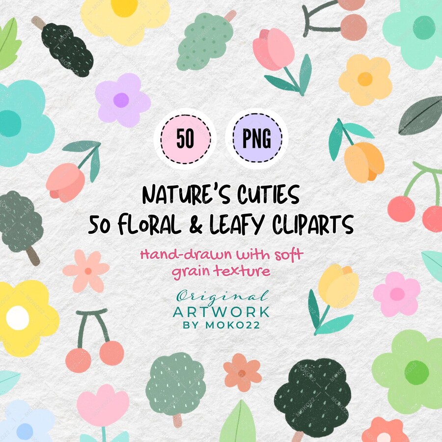 Pastel Flower Clipart Set, Cute Hand Drawn PNG, Kawaii Clipart, Tulip Leaf Tree Cherry Clip Art, Digital Download, Pastel Aesthetic Stickers