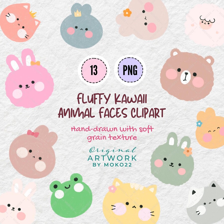 Kawaii Animal Clipart, Cute Animal Faces PNG, Digital Stickers for GoodNotes, Scrapbooking Stickers, Hand Drawn Animals, Digital Download