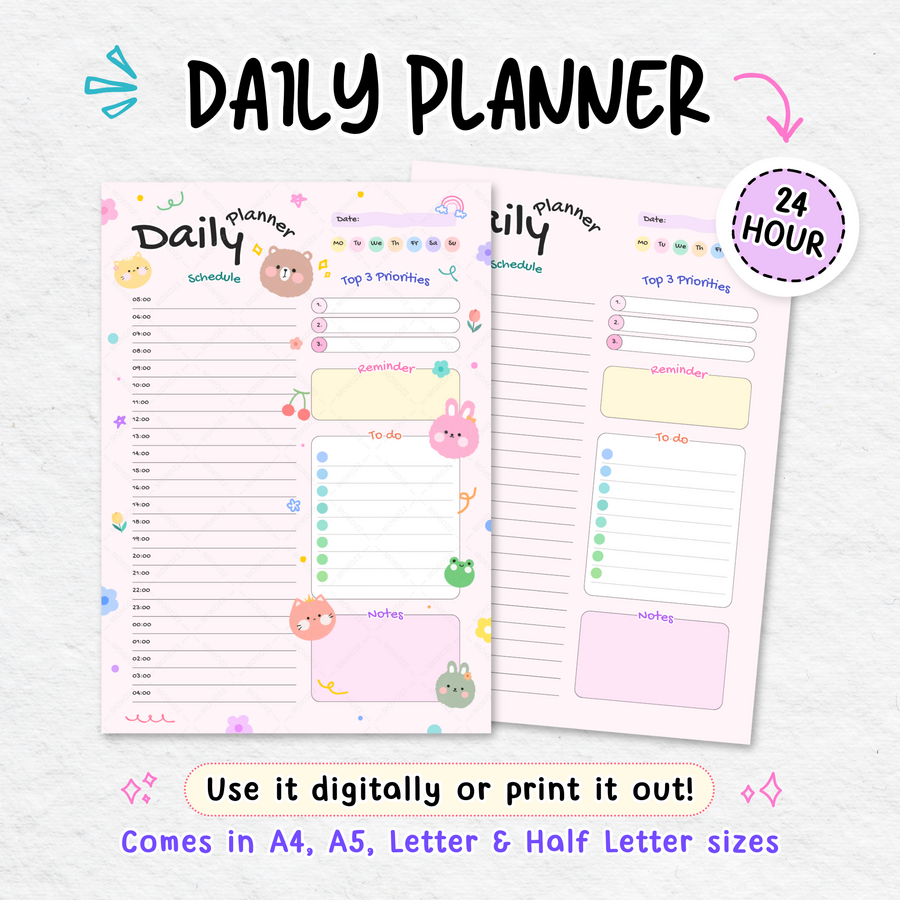Cute Daily Planner PDF, Printable Digital Planner A4 A5 Letter Sizes, Kawaii Goodnotes Planner, Pink & White with Cute Graphic Decorations