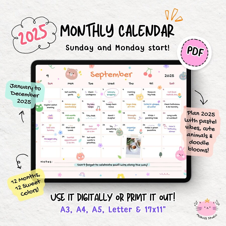 2025 Monthly Wall Calendar Landscape, Pastel Cute Kawaii Calendar, Printable Horizontal Calendar, A3 A4 A5 Letter, Sunday & Monday Start