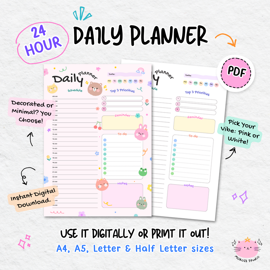 Cute Daily Planner PDF, Printable Digital Planner A4 A5 Letter Sizes, Kawaii Goodnotes Planner, Pink & White with Cute Graphic Decorations